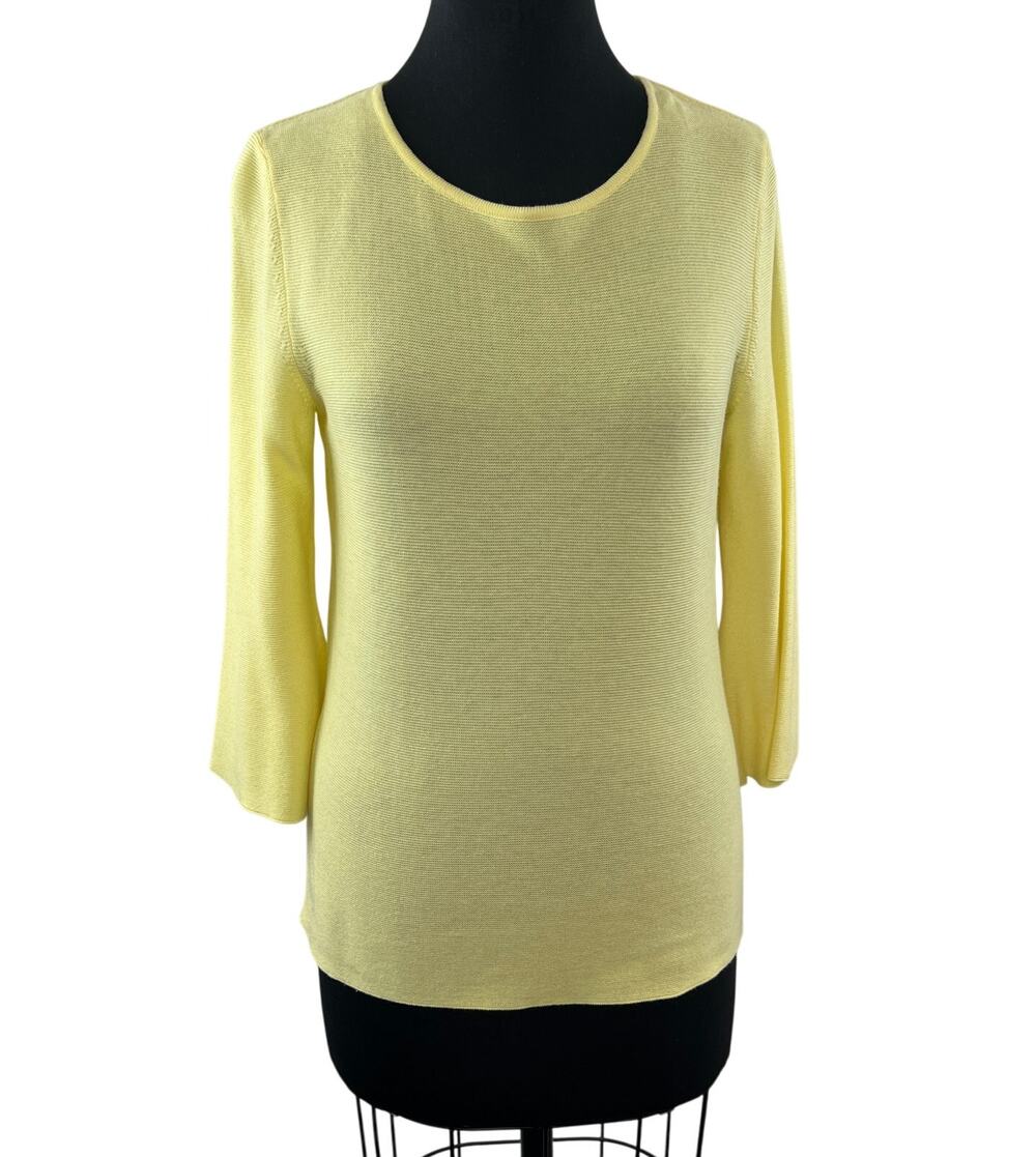 LeComte Yellow Cotton Blend Knit Crew Neck 3/4 Bell Sleeve Blouse Top Sweater 6